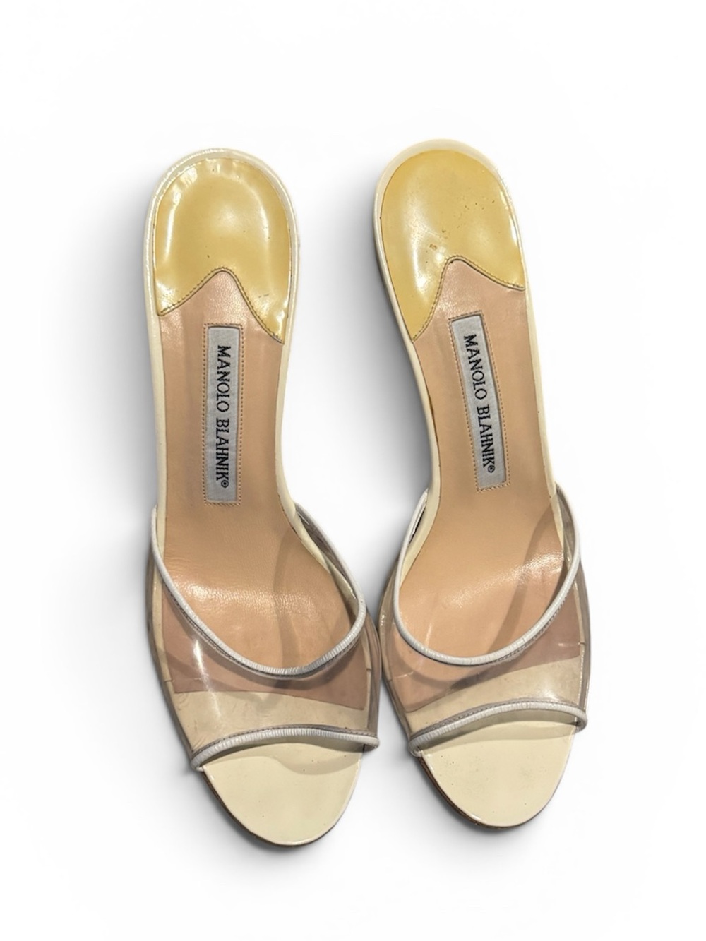 Women’s Manolo Blahnik PVC Mule Heels Size 38 Vintage Designer Sandals Clear